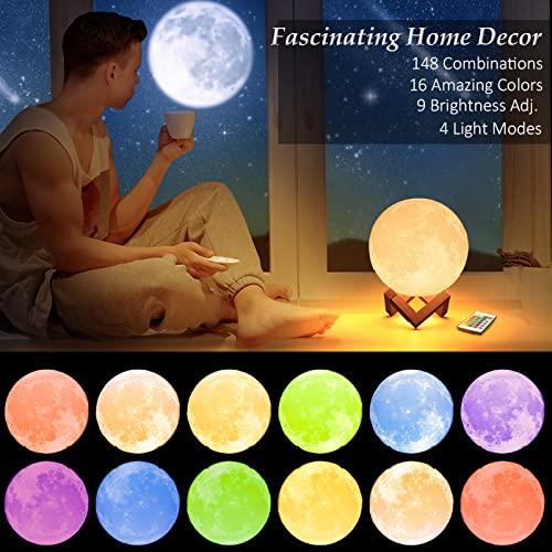 Mydethun 16 Colors Moon Lamp - Home Décor, Moon Light with Brightness Control, LED Night Light, Bedroom, Living Room, Bathroom, Mothers Day Gifts, Women Kids Birthday Gift, Wooden Base, 7.1"
