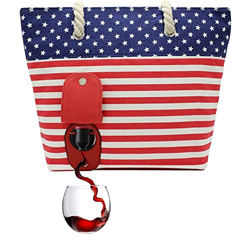 PortoVino Tote Beach Bag - Canvas Wine Purse with Hidden Spout and Dispenser Flask Traveling, Concerts, Bachelorette Party - USA Flag