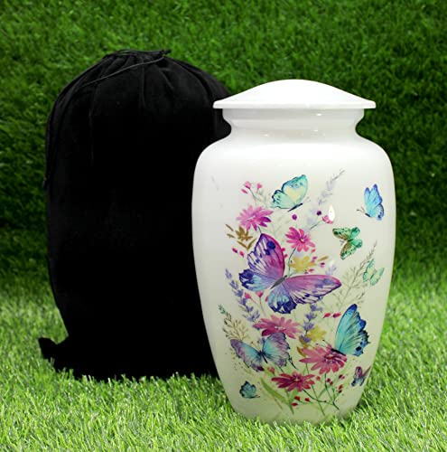 eSplanade Metal Cremation Urn Memorial Jar Pot Container | Full Size Urn for Funeral Ashes Burial | Colorful Butterflies Print | White - 10" Inches