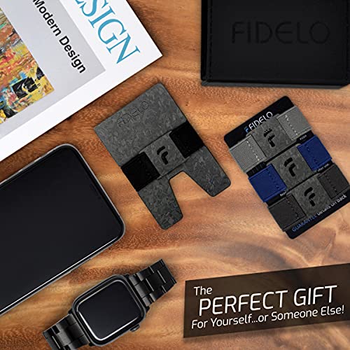 Fidelo Minimalist Wallet For Men - Slim RFID Blocking Mens Wallets Credit Card Holder. 3K Carbon Fiber. Compact Wallet Comes With 4 Cash Bands (Black, Dark Grey, Light Grey & Blue) - Prestige Forged