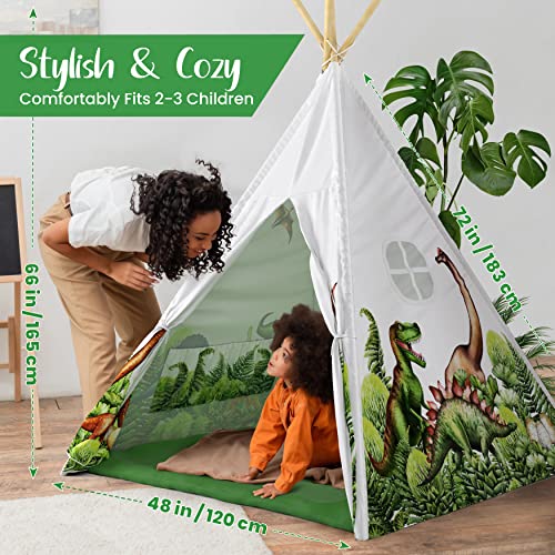 Dinosaur Kids Teepee Tent with Roar Button, LED Lights & Plush Mat - The Most Stable Teepee Tent for Kids - Dinosaur Tent - Dinosaur Toys for Kids Play Tent - Kids Tent Indoor - Toddler Tent
