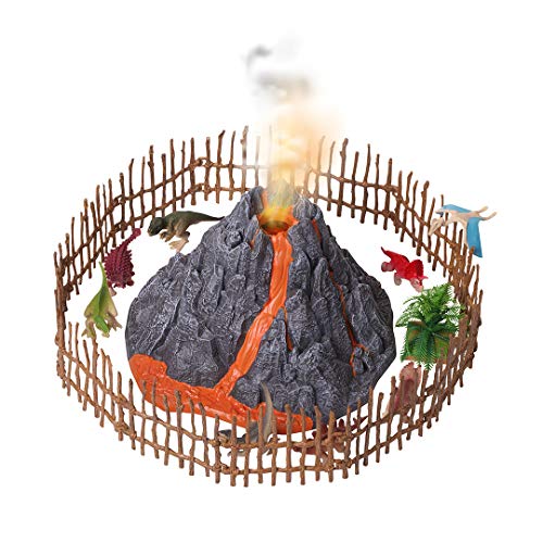 Volcano Dinosaurs Playset with 8 Jurassic Dinosaur Figures and Fence, Mist-spouting Volcano World Set - Dinosaur Toys for Kids - Mini Gift for Toddlers Ages 3+