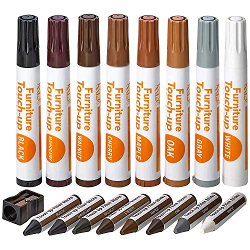Katzco Furniture Repair Kit Wood Markers - Set of 17 - Markers and Wax Sticks with Sharpener - Furniture marker for Scratches, Floors, Carpenters, Bedposts, Touch-Ups, Cover-Ups, Molding Repair