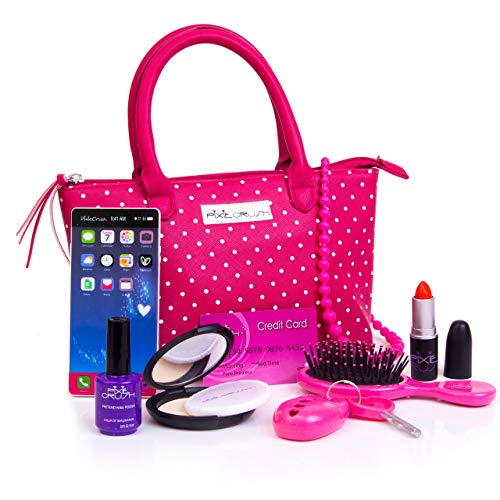 PixieCrush Pretend Play Purse Set for Kids with Handbag, Fake Smart Phone, Remote Keys, Credit Card, Fake Makeup | Comes in an Attractive Pink Purse