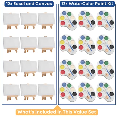 Set of 12 Mini Canvases 4x6 and Easel Set with Water Colors Paint - Party Favors for Kids 3 to 5 - Goody Bag Stuffers - Kids Paint Set - Return