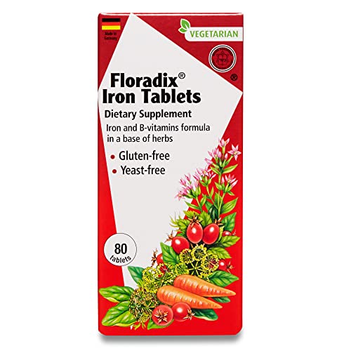 Floradix, Iron Tablets Vegetarian Supplement for Energy Support for Women and Men, Non-GMO, Vegetarian, Kosher, Lactose-Free, Unflavored, 80