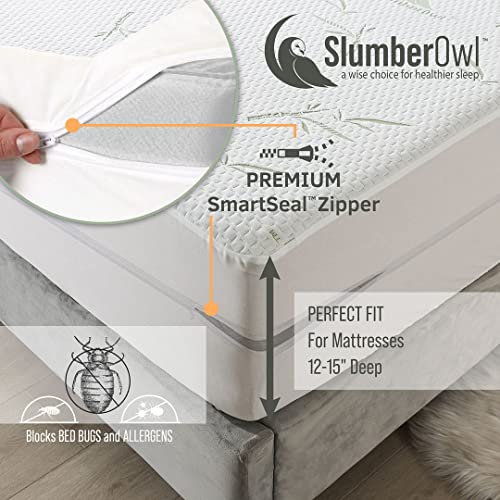 SlumberOwl Premium Bamboo Zippered Mattress Encasement – 100% Waterproof, Cooling & Ultra Soft (Full) 12-15" Deep