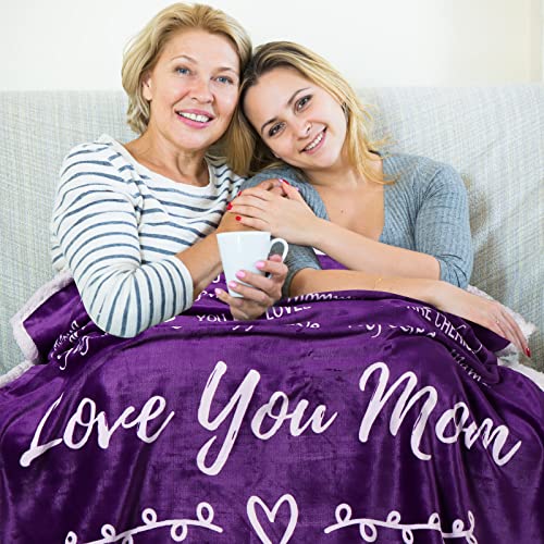 Love You Mom Blanket, Mom Birthday Gifts from Daughter or Son, Mothers Day Gift Ideas, Throw Blanket with Words of Appreciation 60x50 Inches (Purple Violet, Sherpa)
