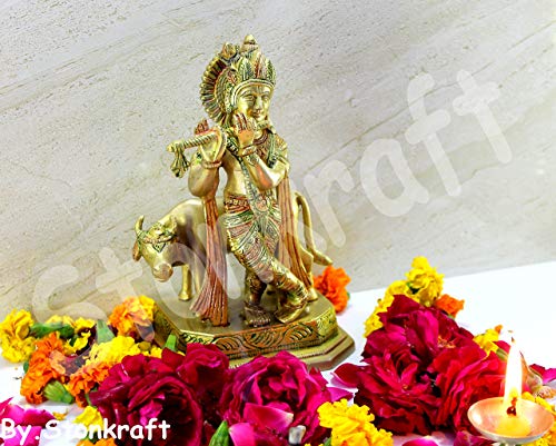 Stonkraft Lord Krishna Kamdhenu Cow Statue 8 Brass Multi Color