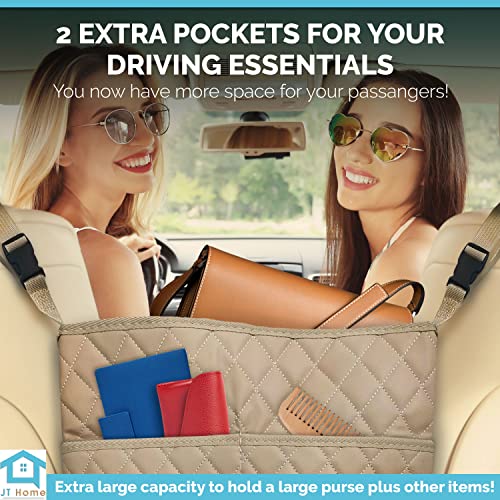 JT HOME Car Net Pocket Handbag Holder Between Seats, Luxury Quilted PU Leather Purse Car Organizer With 2 Extra Pockets For Storage, Beige