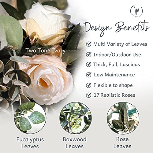 Eucalyptus Garland with Flowers -17 Vintage Ivory Cream Roses- Lush, Natural Looking Eucalyptus and Flower Garland Decor,Floral Garland for Wedding,Artificial Garland Greenery, Rose Leaves