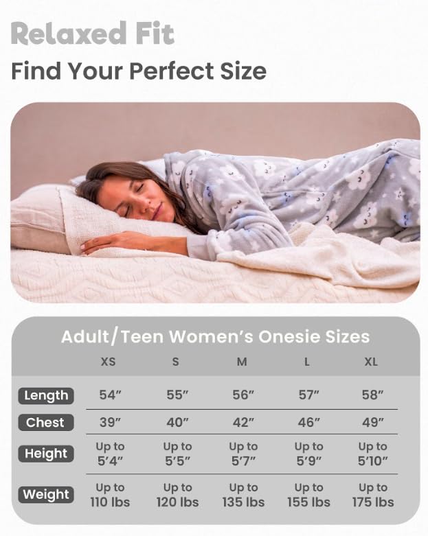 The Big Softy Adult Pajamas for Women, Cute for Women, for Teens, Fleece Adult, Teen PJs (Grey Clouds)