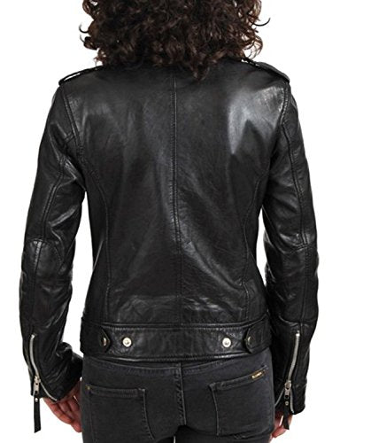 SID Women Moto Lambskin Leather Jacket Bikers Jacket Black Small