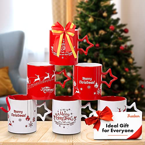 Bruntmor Christmas Coffee Mugs Set of 6 14 Ounce Holiday Novelty Cups Red