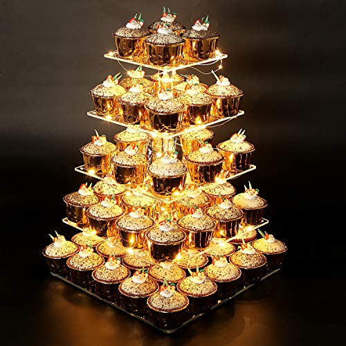 Vdomus 5-Tier Acrylic Cup cake Stand Display Tower with LED String Lights