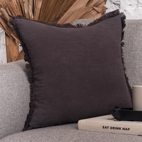 INSPIRED IVORY Linen Throw Pillow Cover 20x20 Inch - Charcoal Grey Throw Pillow Cover with Tassels - Decorative Soft Solid Cushion Cover for Sofa, Couch, Bed Decor, Single Sham (50x50cm)