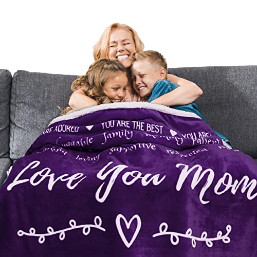 Love You Mom Blanket, Mom Birthday Gifts from Daughter or Son, Mothers Day Gift Ideas, Throw Blanket with Words of Appreciation 60x50 Inches (Purple Violet, Sherpa)