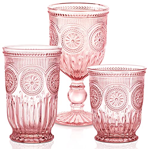 Set of 6 Pink Glass Cups With Sunflower Design Sturdy Dishwasher Safe