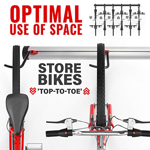 PRO BIKE TOOL Bike Wall Rack - 6 Bikes Version - Adjustable Indoor Hanging Bike Rack for Garage or Home - Vertical Cycling Hanger - Secure Hook - Holder for Road or Mountain Bicycles