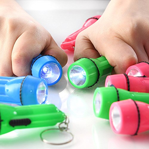 Kicko Mini Flashlight Keychain - 12 Pack Assorted Colors, Green, Light Blue and Pink, Batteries Included - for Kids, Party Favor, Goody Bag Filler, Prize, Pocket Size, Chain for Key