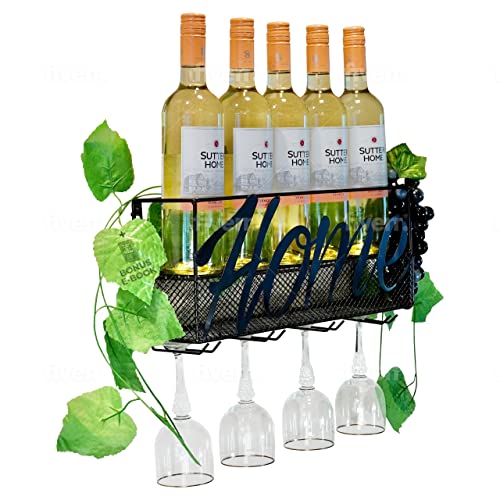 Flomac Finest Wall Mounted Wine Holder Stores 5 Bottles 4 Glasses Cork Holder