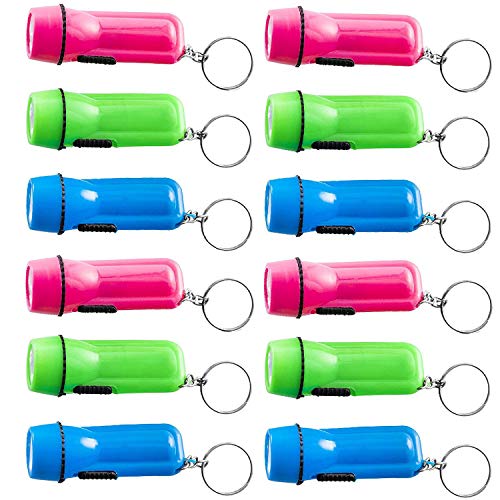 Kicko Mini Flashlight Keychain - 12 Pack Assorted Colors, Green, Light Blue and Pink, Batteries Included - for Kids, Party Favor, Goody Bag Filler, Prize, Pocket Size, Chain for Key