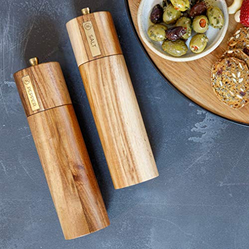 Wooden Salt and Pepper Grinder Set, Sustainable Acacia Wood, 8" - Elegant Pepper and Salt Grinder Set for Seasoning, Cooking, Dining - Perfect Salt and Pepper Mill, Salt and Pepper Grinders Refillable