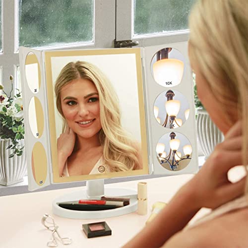 MIRRORVANA® X-Large Vanity Makeup Mirror with 44 LED Lights, 3 Color Lighting Modes, 10X 5X 3X Magnifying Panels, Dual Power Supply, 360° Rotation and Touch Screen Dimmer Switch on HD Glass (White)