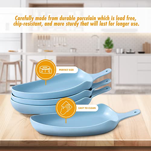 Bruntmor Set Of 4 Ceramic Matte Glaze Baking Dish 11" dinner plates, Oven Safe Roasting Lasagna Pan with Handle Triangle Dish, Blue