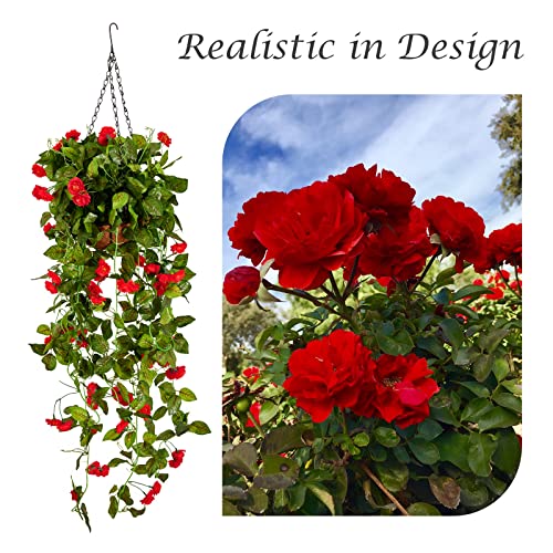 Velener Fully Assembled 16" Silk Red Rose Artificial Flower Vine Hanging Plant, Hanging Flowers in Coconut Lining Hanging Basket Plant Pot for Plants Indoor Outdoor Balcony Garden Patio Decor Porch