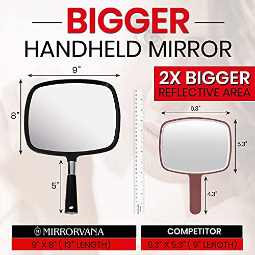 Mirrorvana Large Hand Mirror with Comfy Handle for Men and Women Portable Handheld Barber Mirror 9" x 13" (Black)