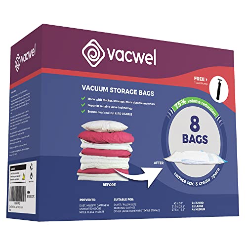 Vacwel Variety 8-Pack - Space Saver Vacuum Storage Bags for Clothes - Ziplock Space Saver Bags for Packing & Clothing Storage - Vacuum Bags - 2x Jumbo + 2x Large + 4x Medium + Hand Pump (8-Bags Pack)