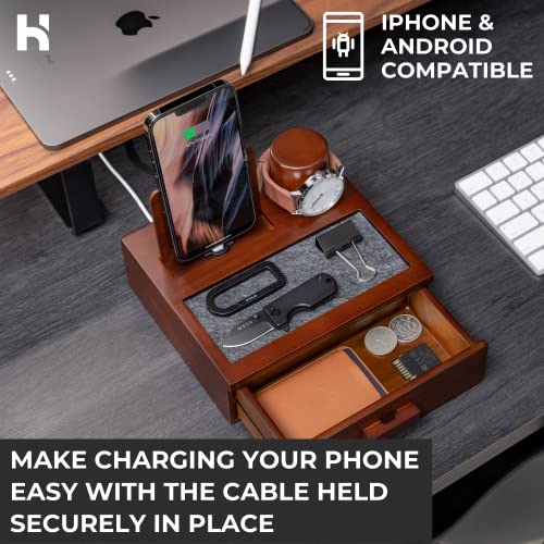 Nightstand Organizer For Men - Wood Phone Docking Station to Charge Your Phone and Organize Your Watch & Accessories - Wood Charging Station with Lined Tray & Drawer - Mens Docking Station Organizer