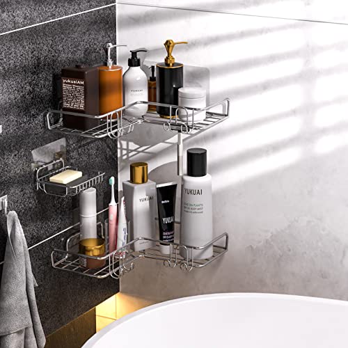 Vdomus Corner Shower Caddy Shelf, No Drilling Traceless, Bathroom Organizer Wall Shelf Basket Rack with Hooks, 3 Pack