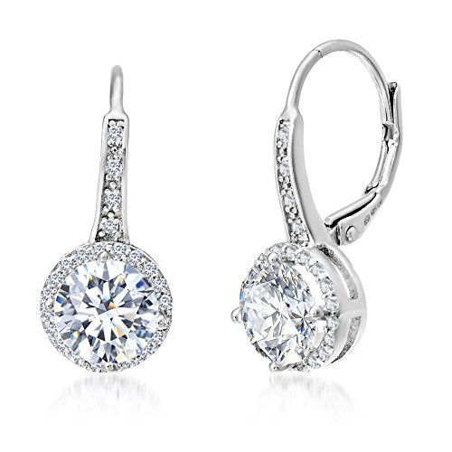 Mia Sarine Rhodium Plated 925 Sterling Silver Cubic Zirconia Halo Leverback Dangle Bridal Earrings for Women White