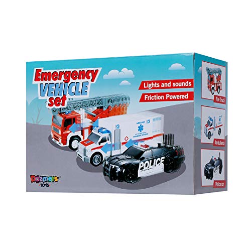 Dazmers Friction Powered City Hero Play Set Including Fire Engine Truck, Ambulance, Police Car for Kids, Boys and Girls - 3-Pack Emergency Vehicles with Light and