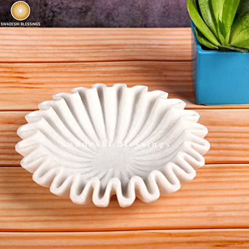 Swadeshi Blessings Handcrafted Marble Ruffle Bowl/antique Scallop Bowl 9 Inches