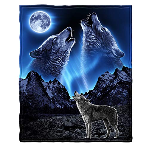 Dawhud Direct II Howling Wolf Fleece Blanket for Bed, 75" x 90" Queen Size Wolf Fleece Throw Blanket for Men, Women, Adults, Teen and Kids - Super Soft Plush Wolf Blanket Throw Native American Decor