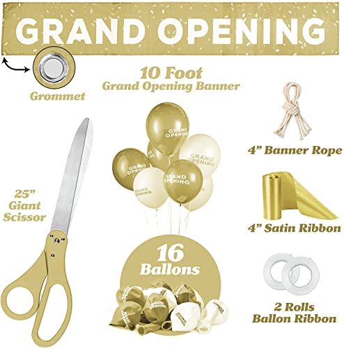 Deluxe Grand Opening Ribbon Cutting Ceremony Kit - 25" Giant Scissors with Gold Satin Ribbon, Banner, Bows, Balloons & More