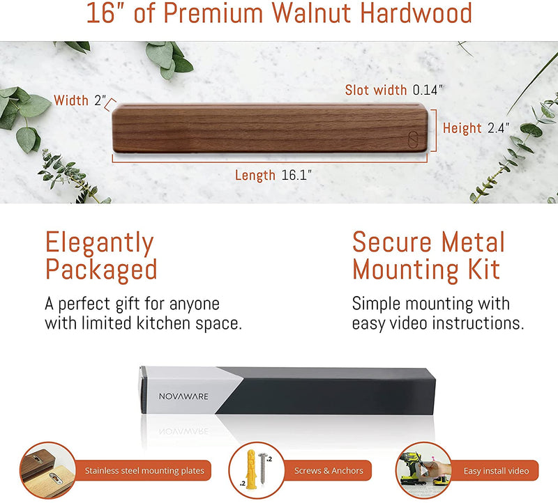 Walnut 16 inch Knife Magnetic Strip Wall Holder with Double Storage & Charming Wood