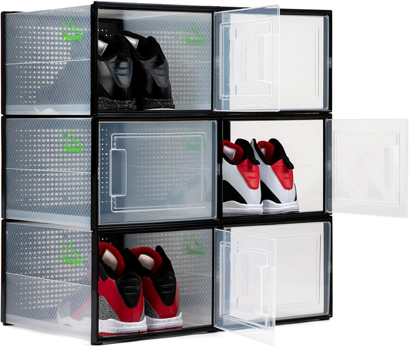 Shoepreem Black Large Long Shoe Organizer Boxes Clear Plastic Stackable 6 Pack