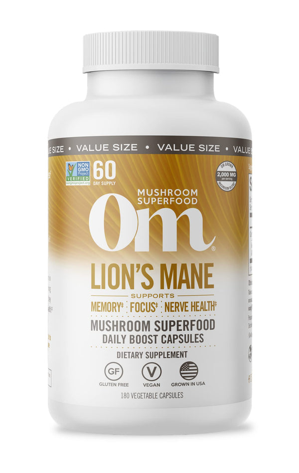 Om Mushroom Superfood Lions Mane Capsules 180 Count Support Focus Nerve Health
