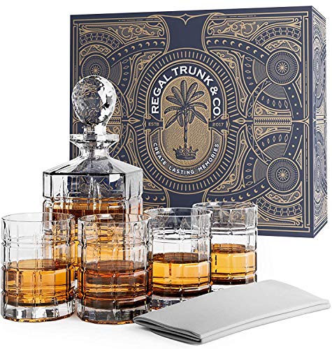 Regal Trunk & Co. Whiskey Decanter Sets 4 Square Engraved Tumblers Whisky Decanter Clear