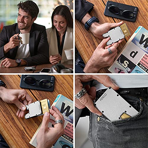 Fidelo Minimalist Wallet For Men - Slim RFID Blocking Wallet Credit Card Holder Made Of 7075 Aluminum. The Compact Wallet comes With 2 Steel Money Clips, 2 Cash Bands to hold 1-10 bills - Silver