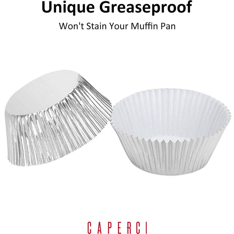 Caperci Silver Foil Baking Cups 150 Pack Premium Greaseproof Muffin Liners