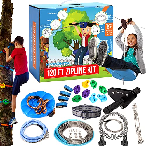Hyponix Zip Lines for Kids and Adults Outdoor up to 350 Lbs - 120 ft / 200 ft - 100% Rust Proof W/ Safety Harness Zip Line Kit | Zipline for Backyard Kids and Adults | Zipline Kits for Backyard