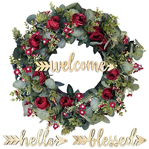 Christmas Eucalyptus Wreath with Red Roses and 3 Signs - 20 inch Winter Wreaths for Front Door, Large Outdoor Christmas Wreaths for Windows, Winter Holiday Wreaths, Farmhouse Wreath Christmas Decor