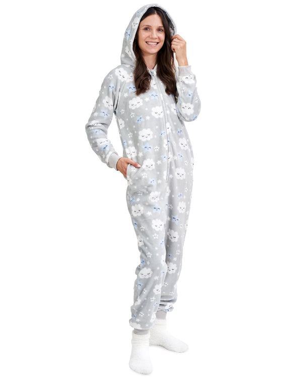 The Big Softy Adult Onesie Pajamas for Women, Cute Onesie for Women, Onesies for Teens, Fleece Onesie Adult, Teen PJs (Grey Clouds, Adult - Large)