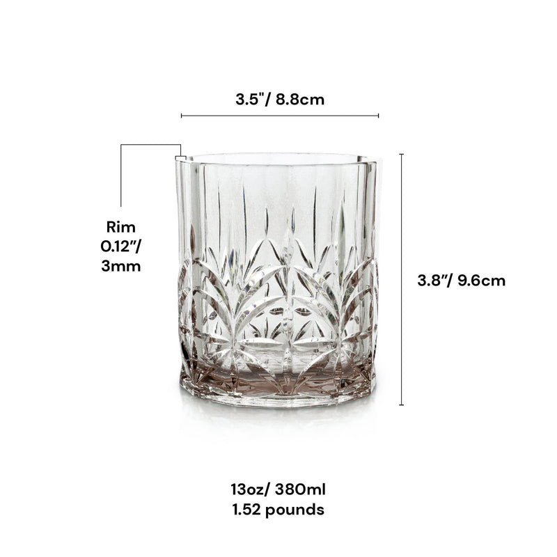 BELLAFORTE Shatterproof Tritan Plastic Short Tumbler, Set of 4, 13oz - Myrtle Beach Unbreakable Crystal Cut Old Fashioned Drinking Glasses for Whiskey - BPA Free - Dishwasher Safe - Grey