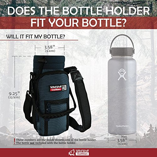 Water Bottle Holder for 40oz Bottles by Wild Wolf Outfitters - Blue - Carry, Protect and Insulate Your Best Flask with This Carrier w/ 2 Pockets & an Adjustable Padded Shoulder Strap.